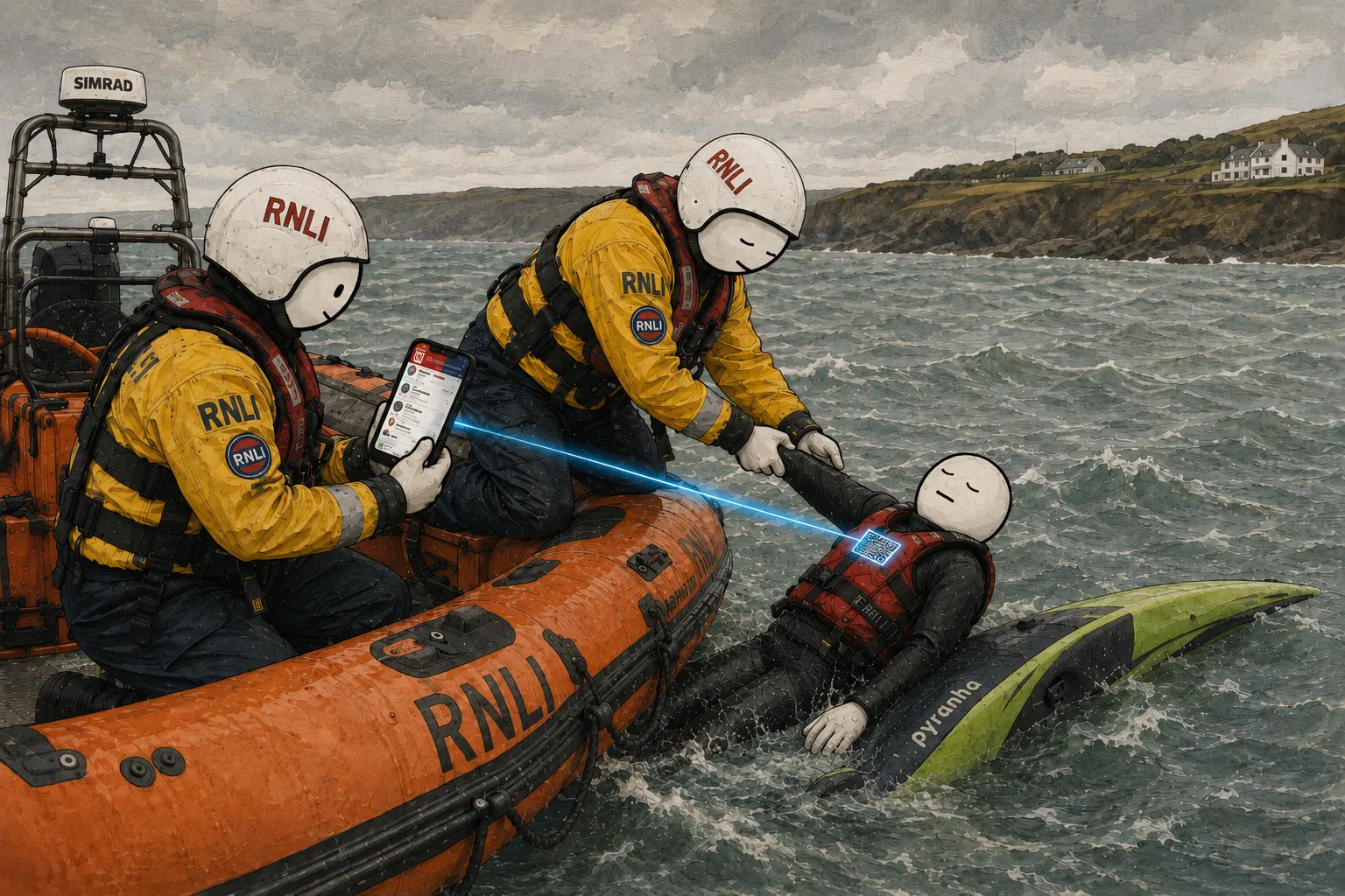 Two RNLI crew members in yellow helmets on an inflatable lifeboat pulling a person from the water beside an overturned kayak, a phone glowing red with the ICE Jar app connected by a blue beam to a QR tag on the person's life jacket